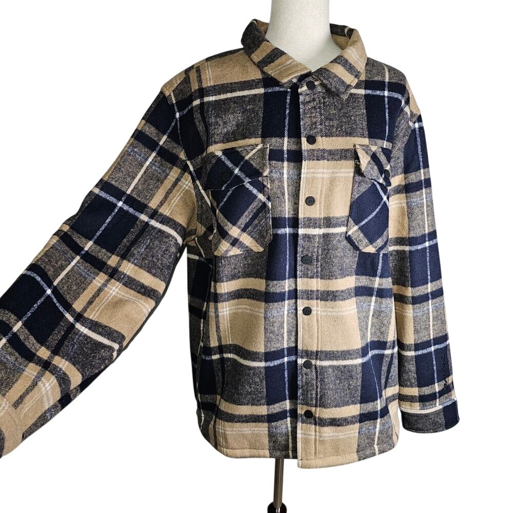 Dakine Thick Navy Tan Snap Up Flannel Jacket  Men's Large Shacket Quality Plaid